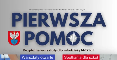 napis "pierwsza pomoc" i logotyp urzędu miasta